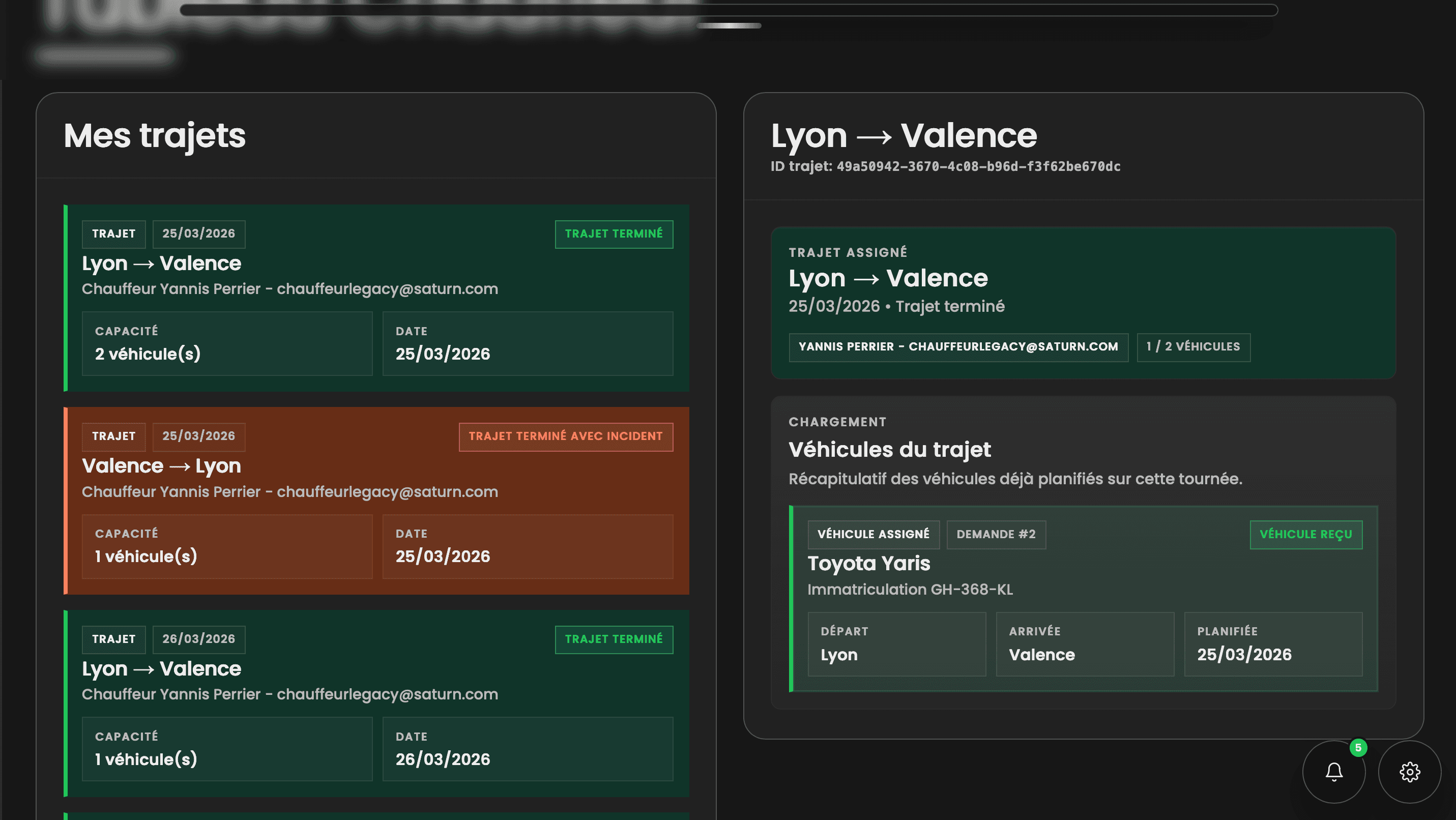 Saturn — tournées chauffeurs